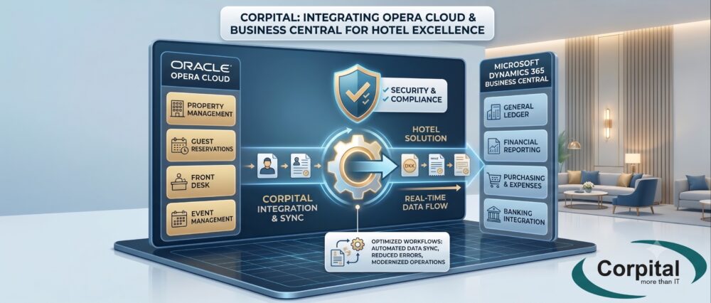 Diagram over direkte integration mellem Oracle Opera Cloud og Dynamics 365 Business Central for Hotel d'Angleterre udviklet af Corpital