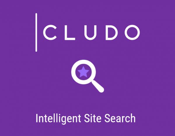 Cludo logo med forstørrelsesglas-ikon og teksten "Intelligent Site Search" på lilla baggrund i afsnittet om strømlining fra salg til service hos Corpital.